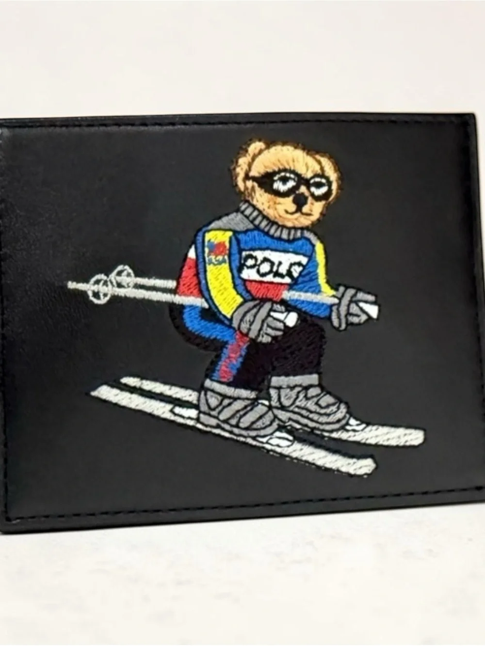 Polo Ralph Lauren Ski Bear Embroidered Leather Card Holder Black NWT Gift Box